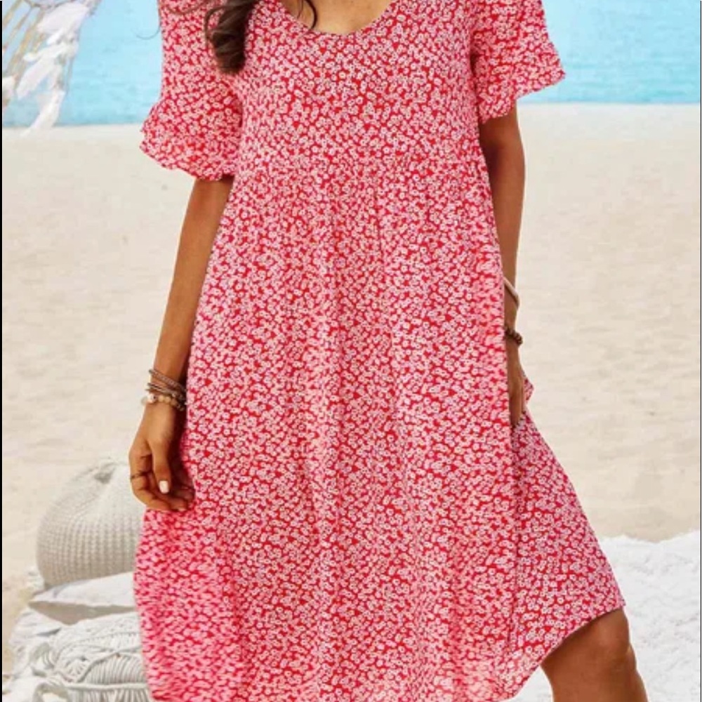 C.O.Z.Y.  SZ M Red/White Floral Print Beachy BOHO Summer Dress | NWT